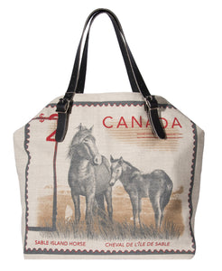 L1015-SABLE Market Tote 22"x14"x5.5" with expandable Bridle Leather straps, Printed on a Textured Fabric with the Wild Horses of Sable Island on one side. Part of the Lady Rosedale Unbridled Passion Collection.